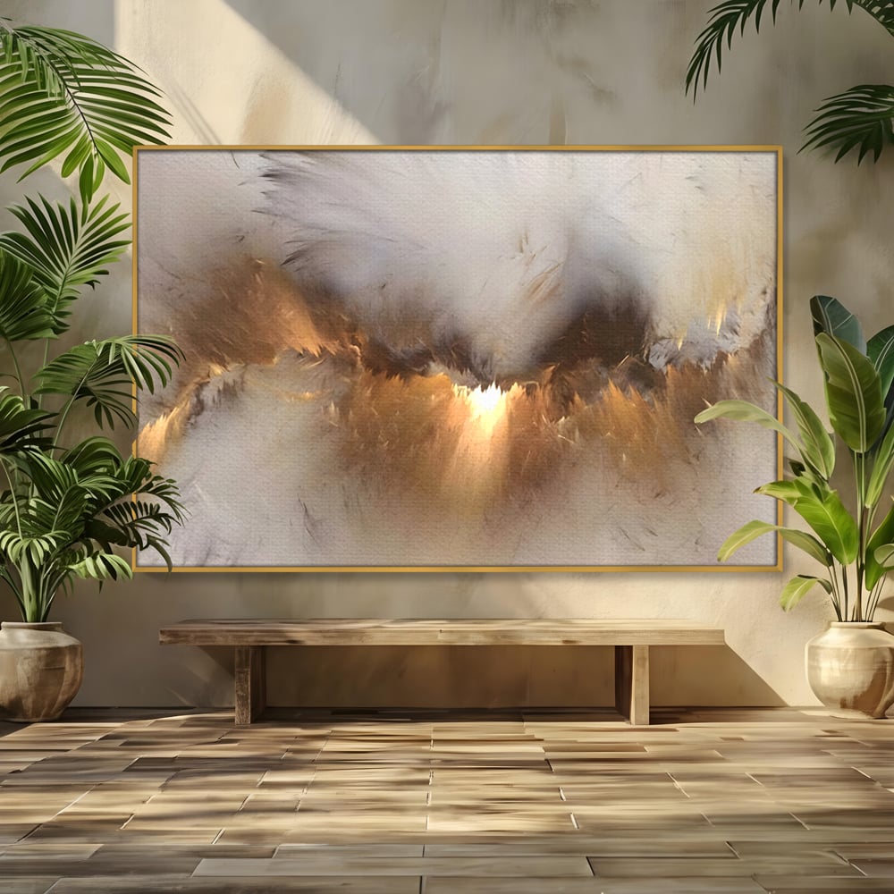 Tablou canvas cu tablou canvas cu peisaj abstract luminos, in rama de aluminiu auriu